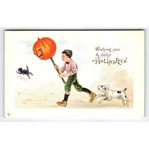 Vintage Halloween Postcard Boy with Pumpkin Mask & Dog Divided Back